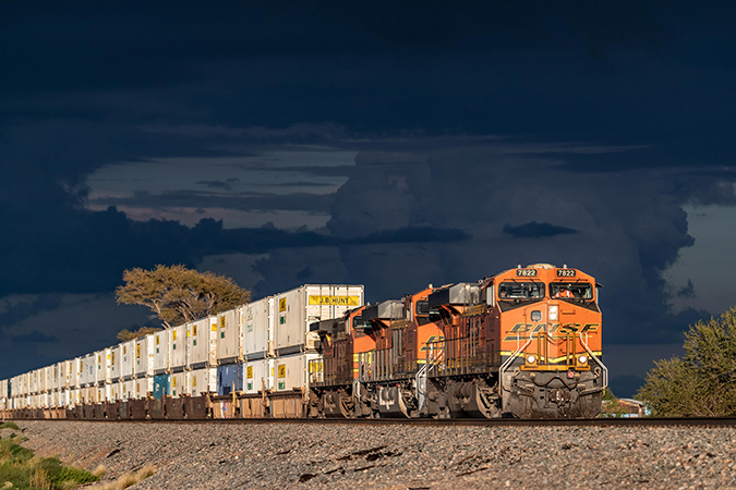 An intermodal train carries primarily J.B. Hunt containers on the Southern Transcon route near Willard, New Mexico.