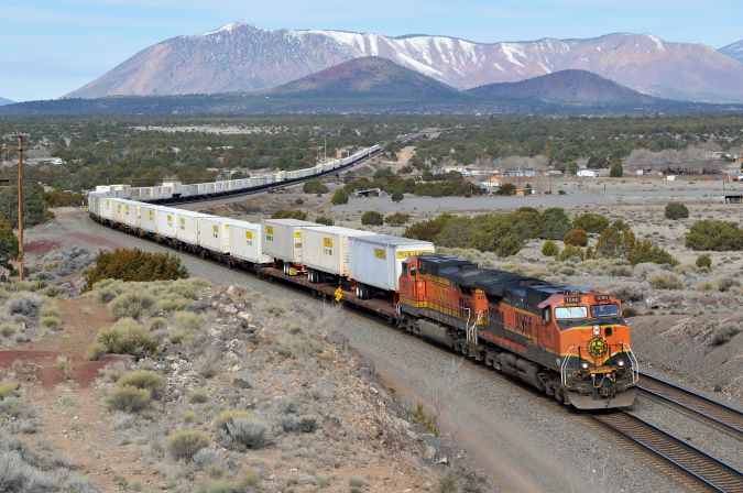 Near Flagstaff, Julien got this shot with BNSF’s “great pumpkin” in the lead. 