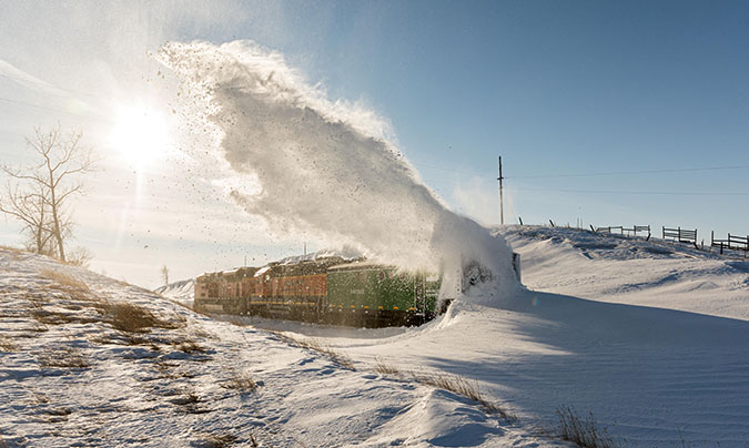 A rotary snowplow at work 
